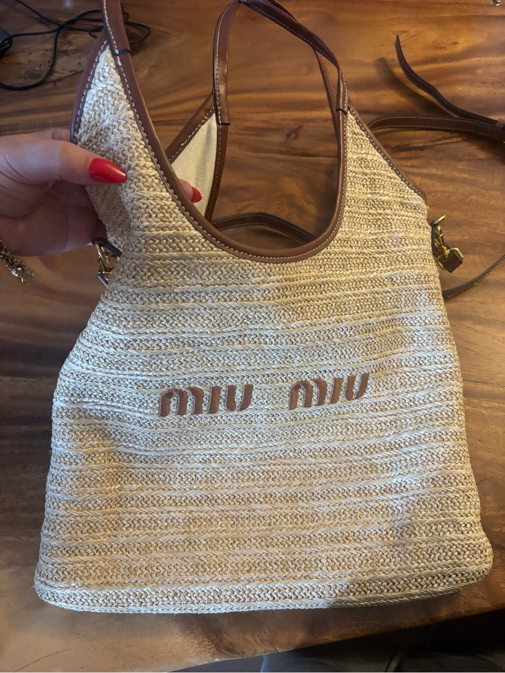 Miu Miu Cream Raffia Shoulder Bag with Brown Trim